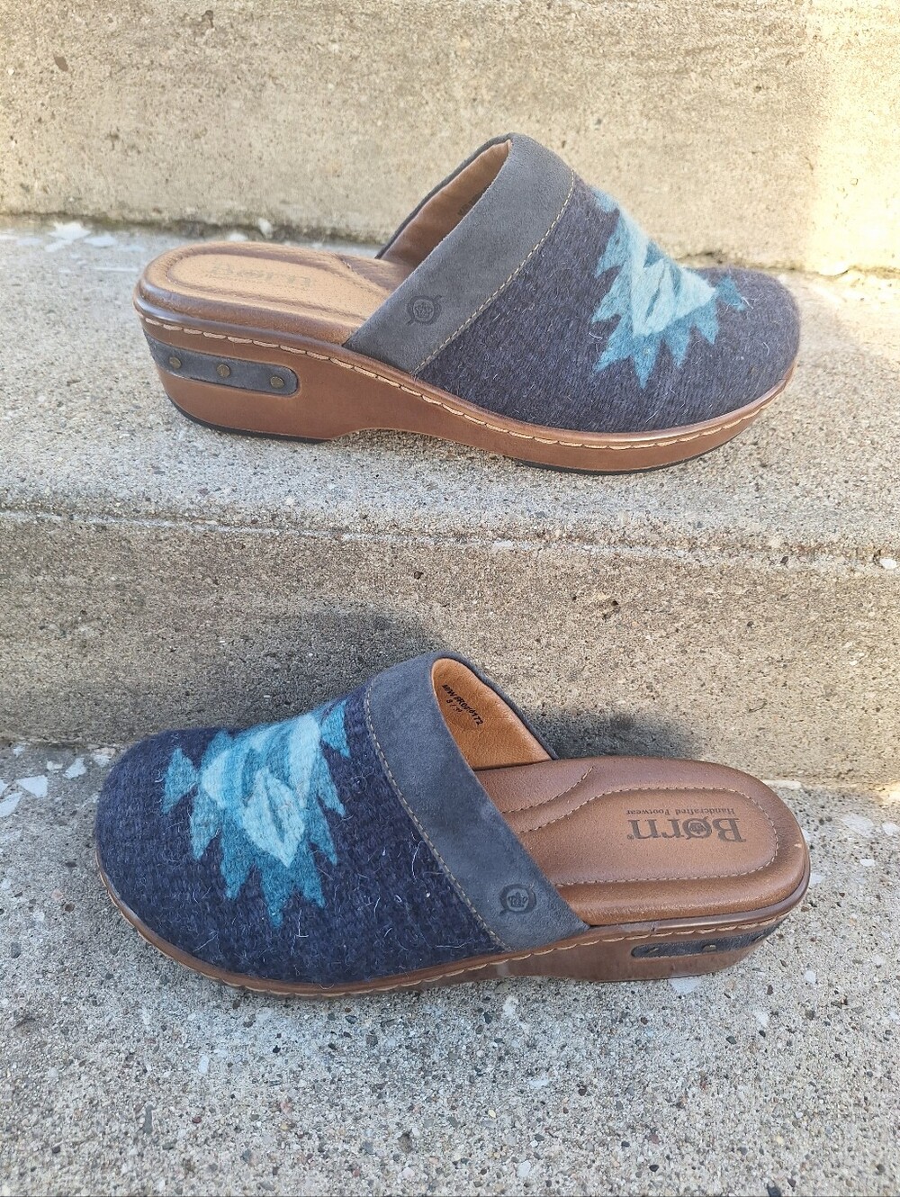 Born Bandy Shoes 9 Blue Wool Aztec Southwestern Slip On Mules Womens Size 8